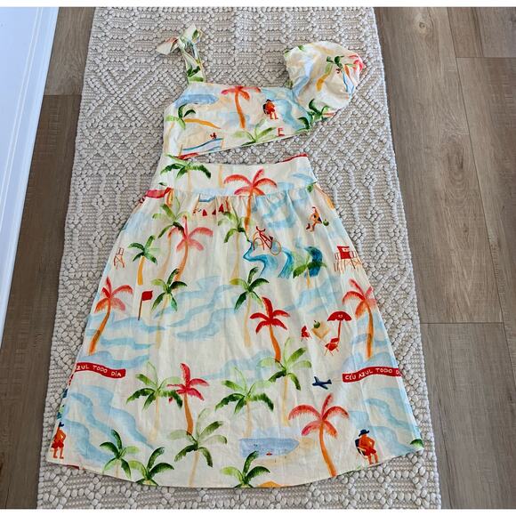 Farm Rio Copacabana Tropical Palm Tree Midi Dress Puff Sleeve Large - Picture 3 of 7